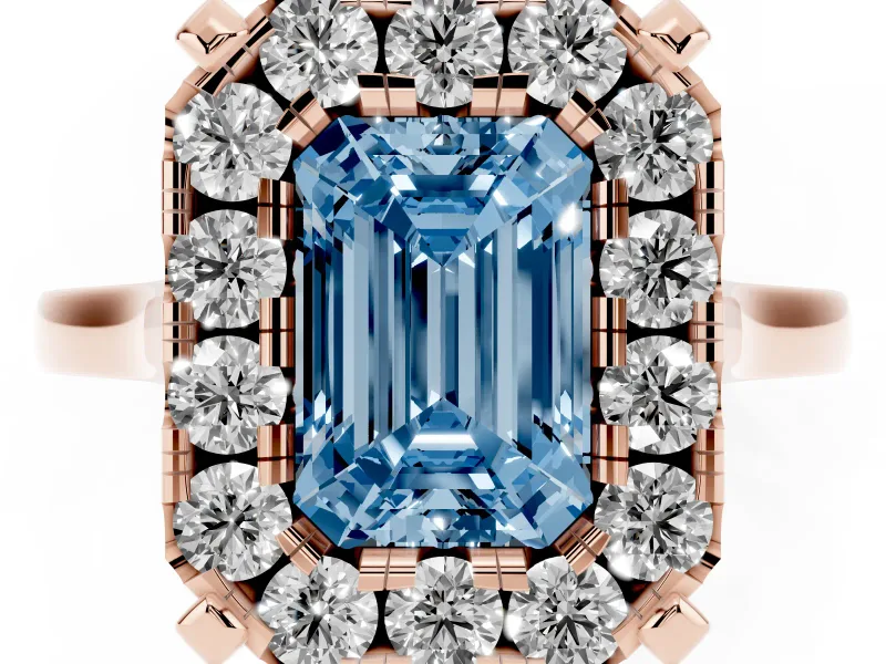 Emerald Cut Claw Corner Halo Engagement Ring Setting for a Fancy Blue Lab-Grown Diamond | Slim Plain Band | Rose Gold