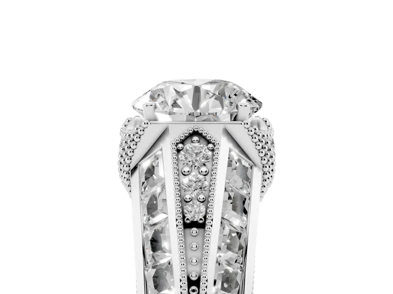 Round Vintage Milgrain Hidden Halo Engagement Ring Setting | Channel-Set Shoulders | Sterling Silver