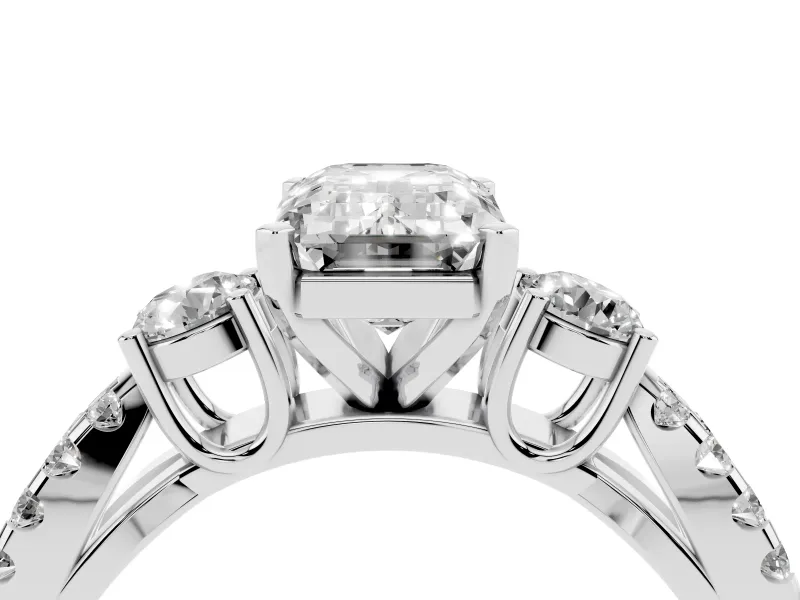 Emerald Cut Three Stone Engagement Ring Setting | Pavé Split Shank | Sterling Silver