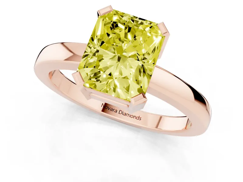 Fancy Yellow Radiant Cut Diamond Solitaire Ring Set in Rose gold with Prong Head and Smooth Polished Band