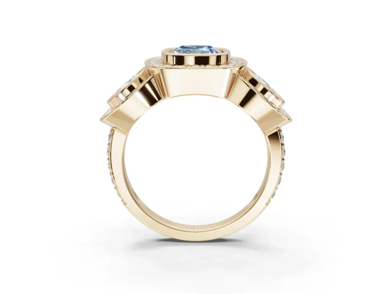 Cushion Cut Three Stone Halo Engagement Ring Setting for a Fancy Blue Lab-Grown Diamond | Bezel Set | Yellow Gold