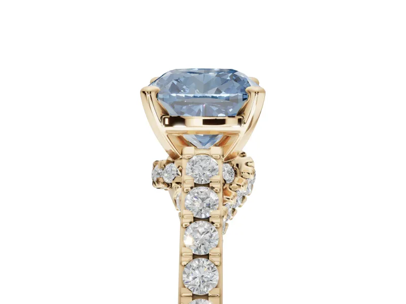 Cushion Cut Pavé Solitaire Engagement Ring Setting for a Fancy Blue Lab-Grown Diamond | Crossover Gallery | Yellow Gold