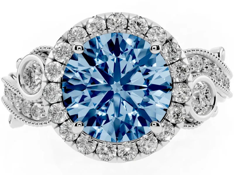 Fancy Blue Round Cut Diamond Halo Ring Set in Platinum with Milgrain Pavé Band and Prong Setting