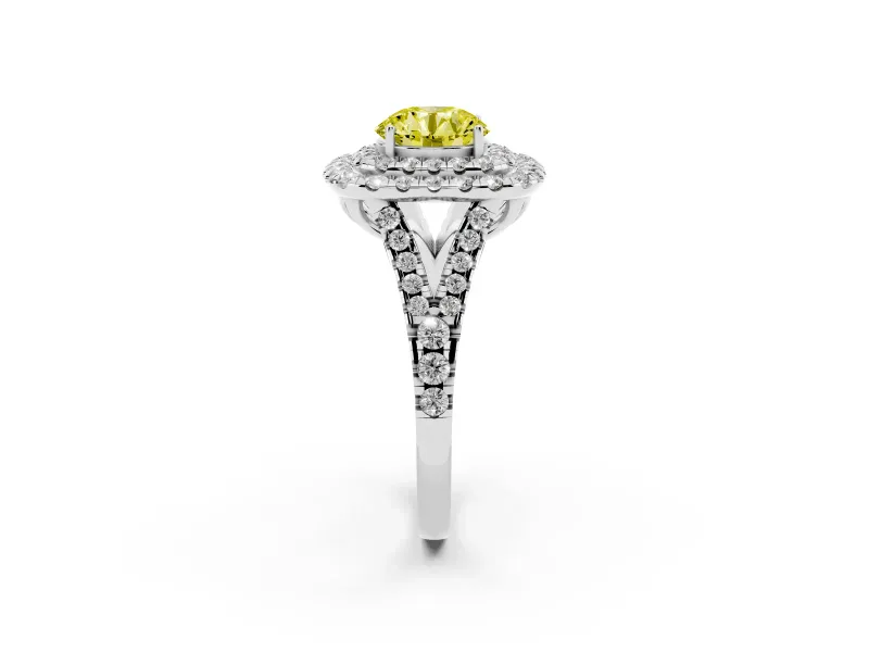 Round Halo Split Shank Engagement Ring Setting for a Fancy Yellow Lab-Grown Diamond | Pavé Strands | Sterling Silver