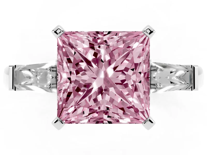 Fancy Pink Princess Cut Diamond Solitaire Ring Set in White gold with Tapered Baguette Side Stones and Prong Setting