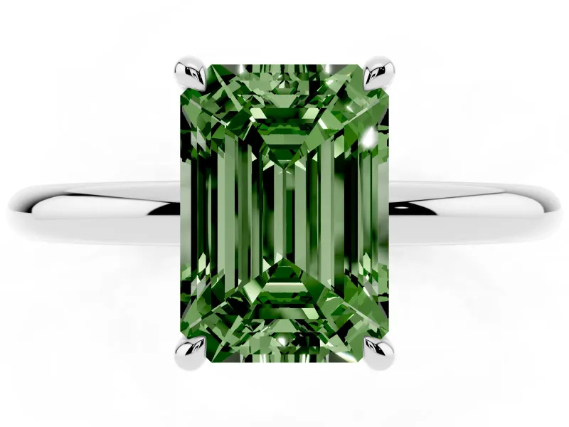 Fancy Green Emerald Cut Diamond Solitaire Ring Set in Platinum with Thin Band and Prong Setting