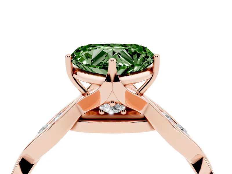 Fancy Green Heart Cut Diamond Twist Band Solitaire Ring Set in Rose gold with Leaf Prong Setting and Accent Stones