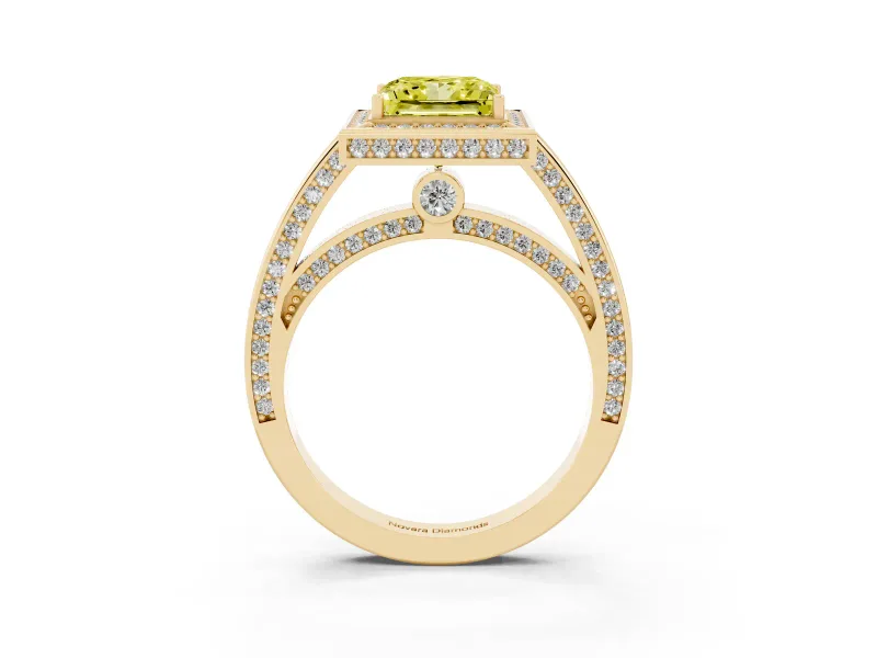 Fancy Yellow Princess Cut Diamond Halo Pavé Split Shank Ring Set in Yellow gold with Prong Setting