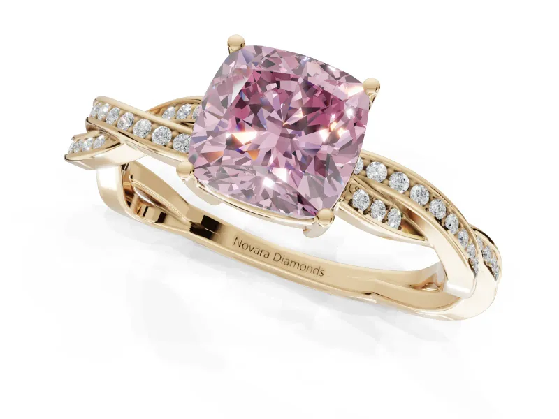 Cushion Cut Twisted Pavé Solitaire Engagement Ring Setting for a Fancy Pink Lab-Grown Diamond | Yellow Gold