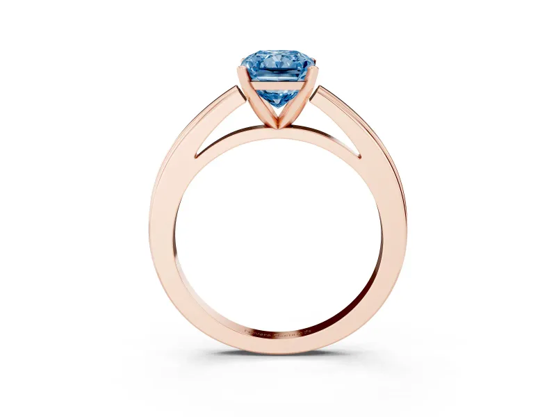 Fancy Blue Radiant Cut Diamond Solitaire Ring Set in Rose gold with Prong Setting and Classic Band