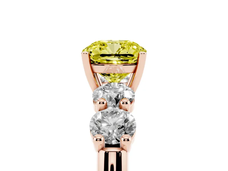 Cushion Cut Five Stone Engagement Ring Setting for a Fancy Yellow Lab-Grown Diamond | Prong Set Side Stones | Rose Gold