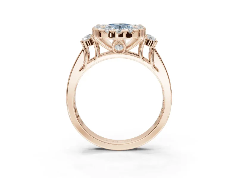 Oval Halo Engagement Ring Setting for a Fancy Blue Lab-Grown Diamond | Side Clusters | Rose Gold