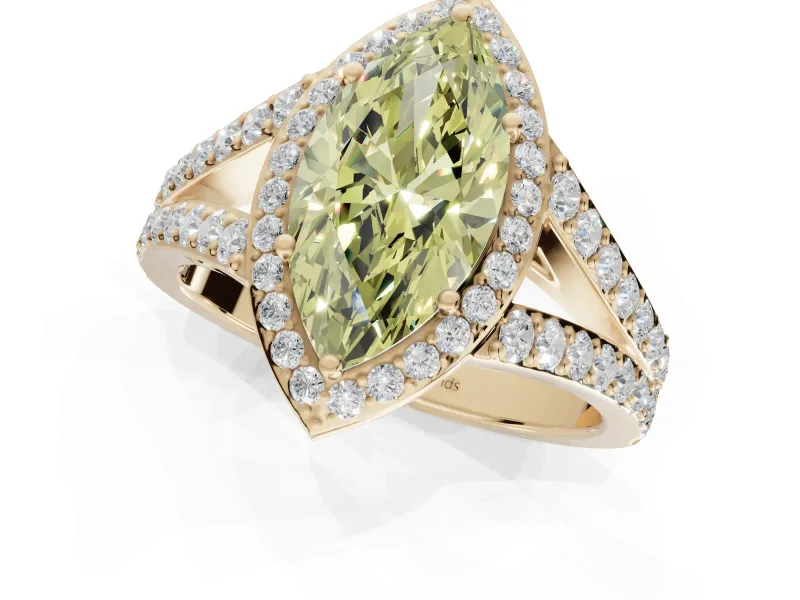 Marquise Halo Pavé Engagement Ring Setting for a Fancy Yellow Lab-Grown Diamond | Narrow Split Shank | Yellow Gold