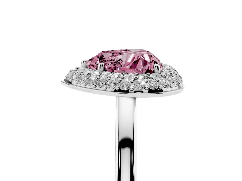 Fancy Pink Heart Cut Diamond Halo Engagement Ring Set in White gold with Solitaire Band and Prong Setting