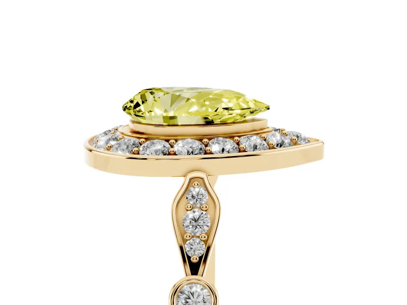 Fancy Yellow Pear Cut Diamond Halo Engagement Ring Set in Yellow gold with Twisted Band and Prong Setting
