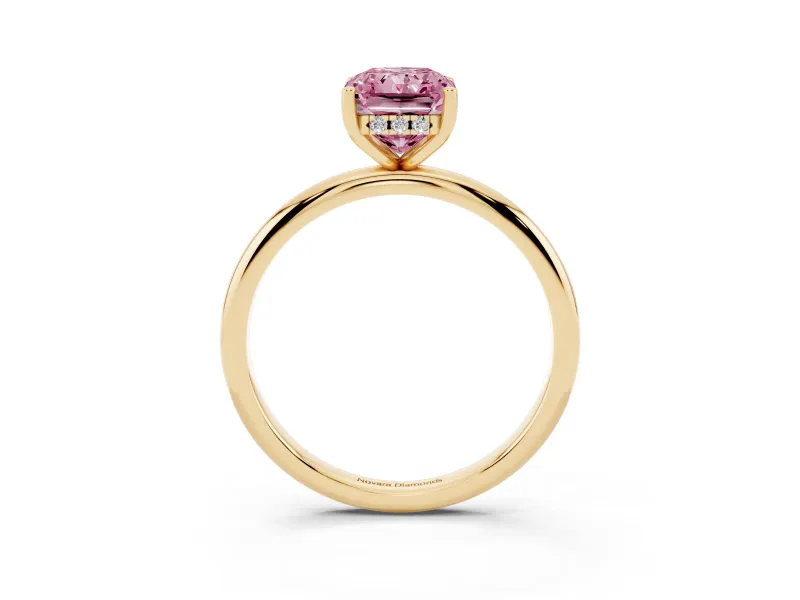 Fancy Pink Radiant Cut Diamond Solitaire Engagement Ring Set in Yellow gold with Prong Setting and Polished Band