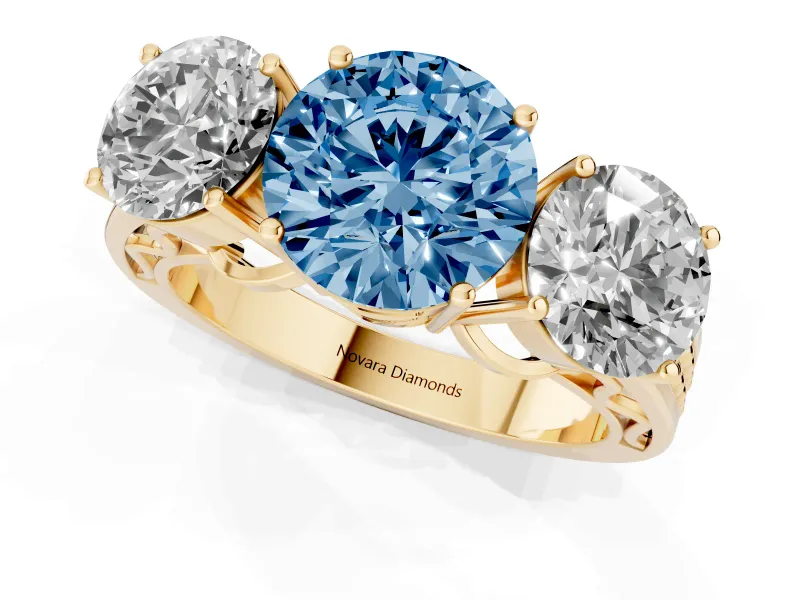 Round Engagement Ring Setting for a Fancy Blue Lab-Grown Diamond | Three Stone | Yellow Gold