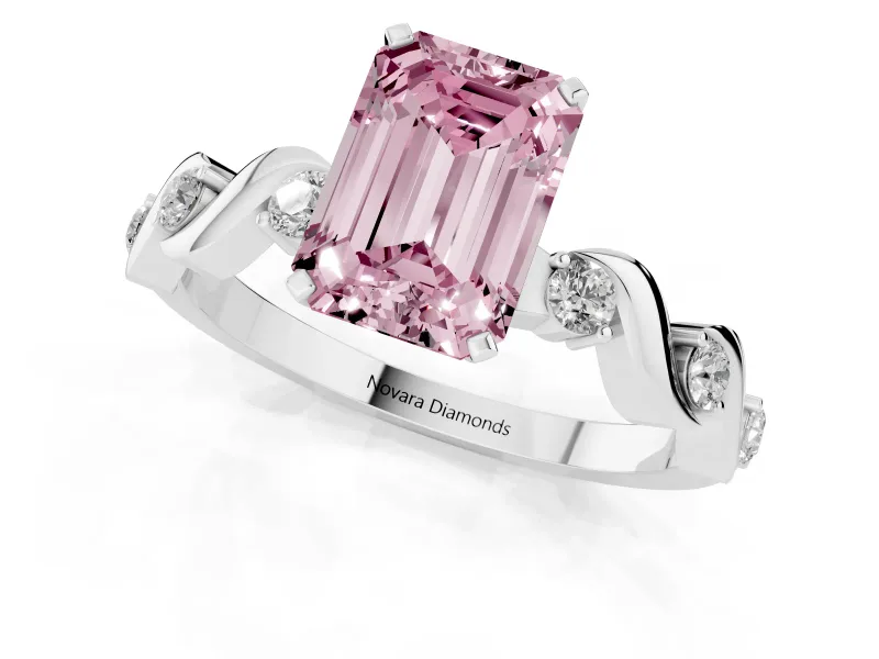 Fancy Pink Emerald Cut Diamond Solitaire Ring Set in Platinum with Ribbon Twist Band, Round Accents and Prong Setting