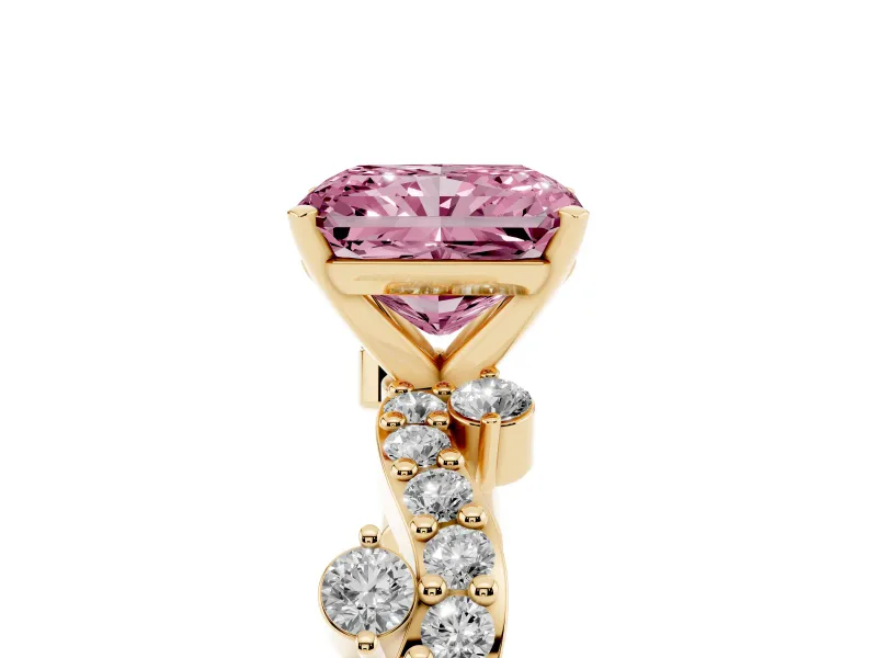 Fancy Pink Radiant Cut Diamond Solitaire Twisted Band Set in Yellow gold with Pavé Setting