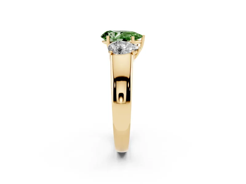 Fancy Green Three-Stone Pear Cut Diamond Ring Set in Yellow gold with Matching Prong Settings and Plain Band