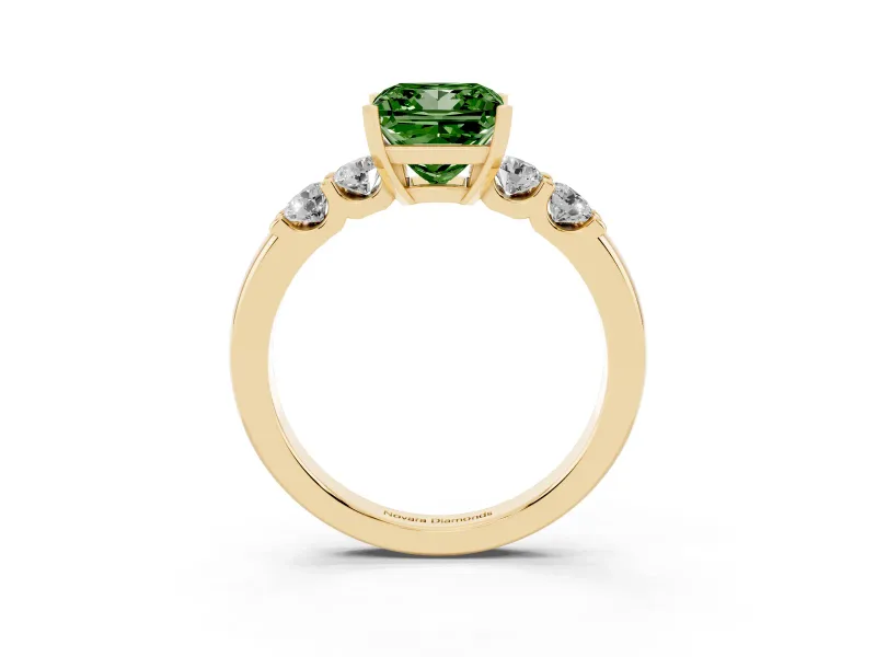 Fancy Green Princess Cut Diamond Five-Stone Prong Set Engagement Ring Set in Yellow gold with Channel Band