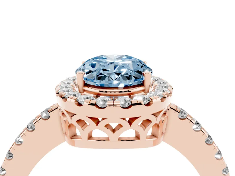 Fancy Blue Oval Cut Diamond Pavé Band Halo Engagement Ring Set in Rose gold with Prong Setting