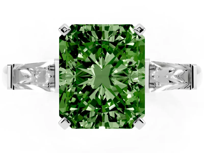 Fancy Green Radiant Cut Diamond Solitaire Ring Set in Silver with Tapered Baguette Side Stones and Prong Setting
