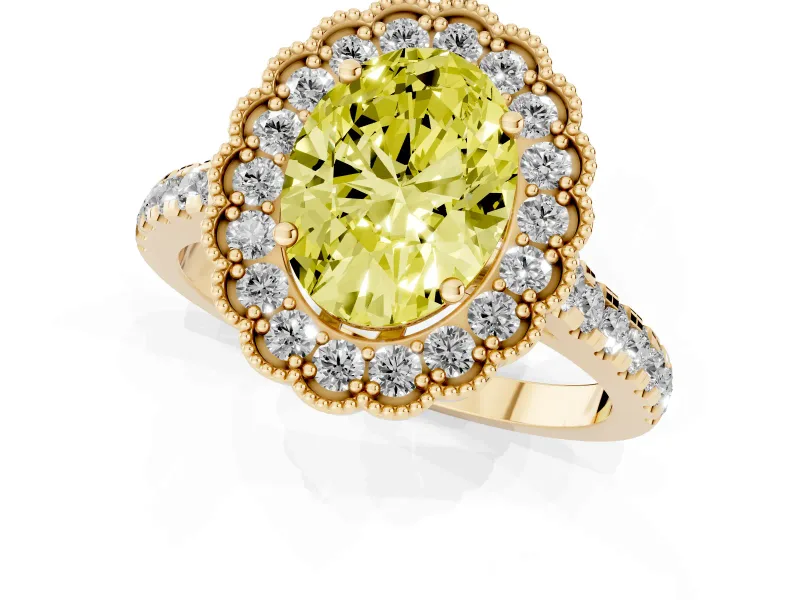 Fancy Yellow Oval Cut Diamond Milgrain Floral Halo Engagement Ring Set in Yellow gold with Pavé Band
