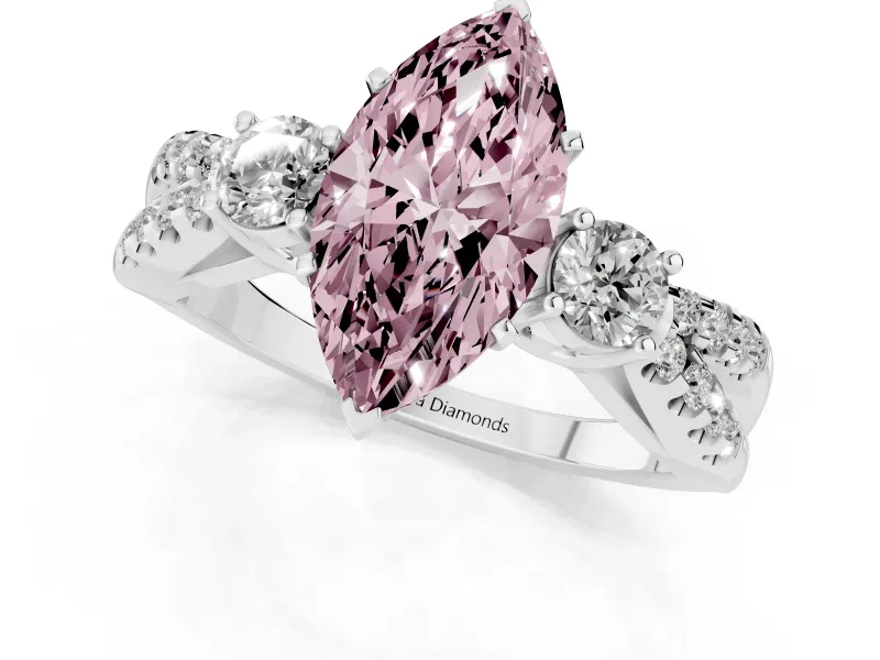 Fancy Pink Marquise Cut Diamond Three-Stone Ring Set in White gold with Pavé Split Shank and Prong Setting