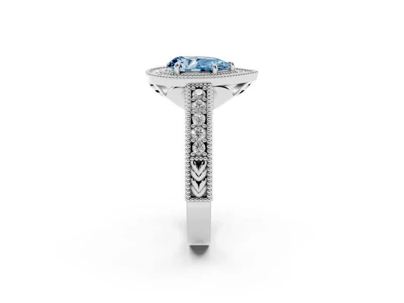 Fancy Blue Pear Cut Diamond Halo Ring Set in Platinum with Round Accent Halo, Pavé Band and Prong Setting
