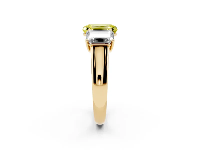 Emerald Cut Three Stone Engagement Ring Setting for a Fancy Yellow Lab-Grown Diamond | Basket Prong Heads | Yellow Gold