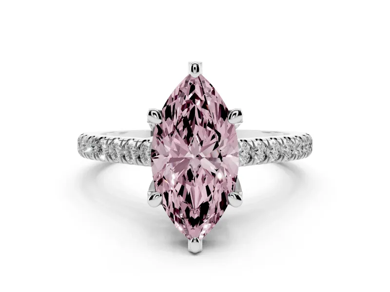 Fancy Pink Marquise Cut Diamond Solitaire Ring Set in Platinum with Brilliant Pavé Band and Prong Setting