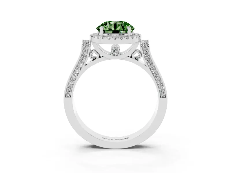 Round Halo Engagement Ring Setting for a Fancy Green Lab-Grown Diamond | Pavé Panel Shoulders | Sterling Silver