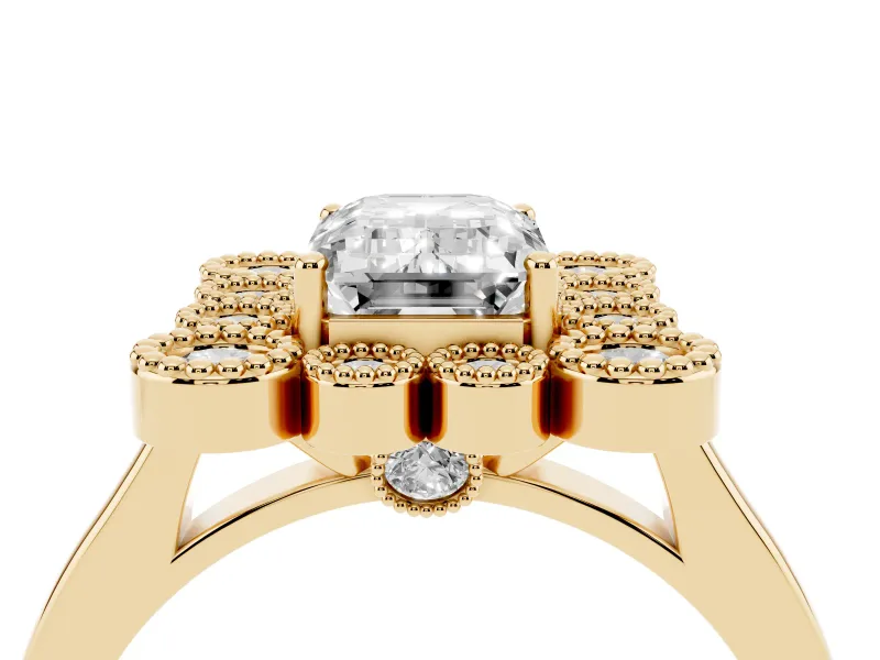 Emerald Cut Vintage Milgrain Bezel Cluster Halo Engagement Ring Setting | Plain Band | Yellow Gold