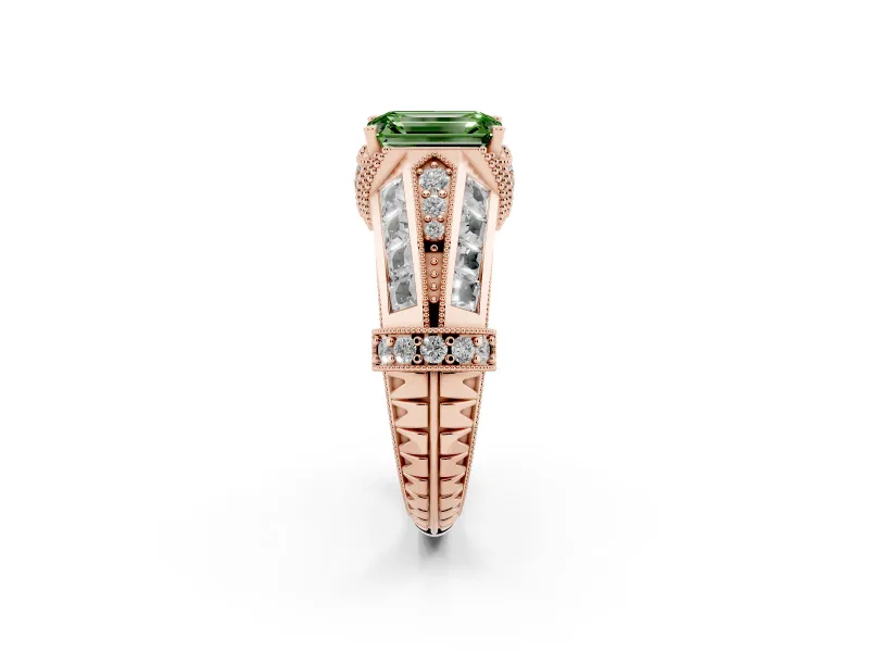 Fancy Green Emerald Cut Diamond Vintage-Inspired Milgrain Ring Set in Rose gold with Accent Split Shank