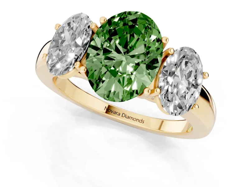 Fancy Green Oval Cut Diamond Three-Stone Ring Set in Yellow gold with Bold Center and Classic Band