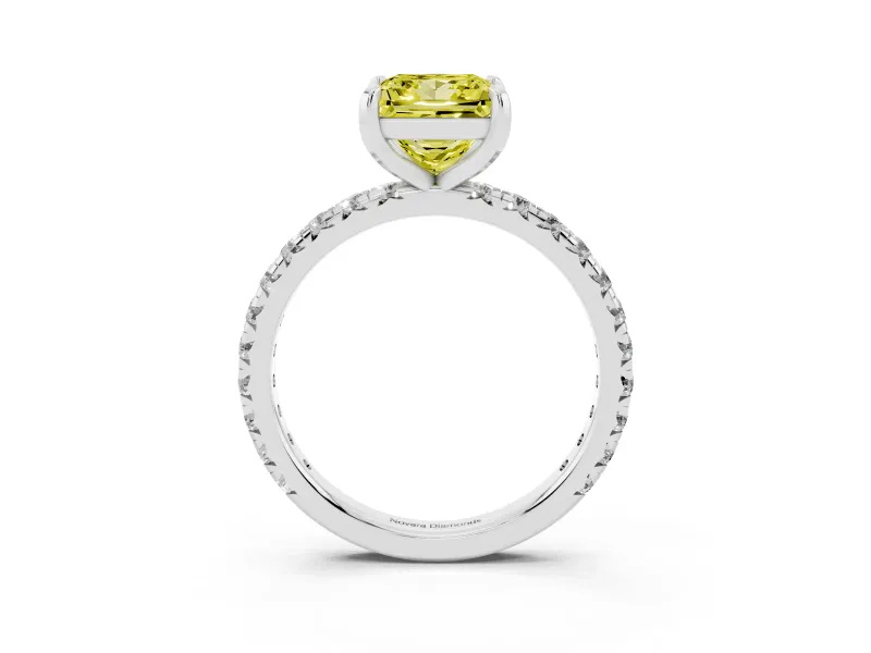Fancy Yellow Princess Cut Diamond Pavé Solitaire Ring Set in Silver with Round Band and Prong Setting