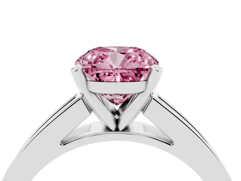 Fancy Pink Cushion Cut Diamond Solitaire Ring Set in White gold with Channel-Set Band and Prong Setting