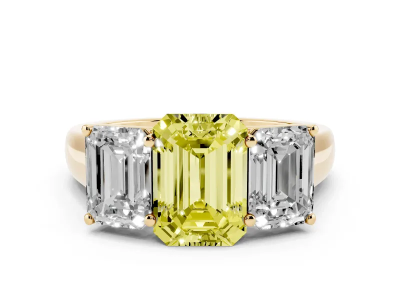 Fancy Yellow Emerald Cut Diamond Three-Stone Ring Set in Yellow gold with Plain Polished Band