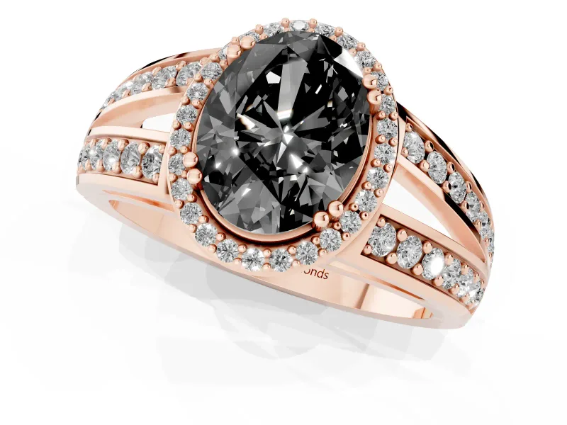 Fancy Black Oval Cut Diamond Halo Ring Set in Rose gold with Double Pavé Split Shank