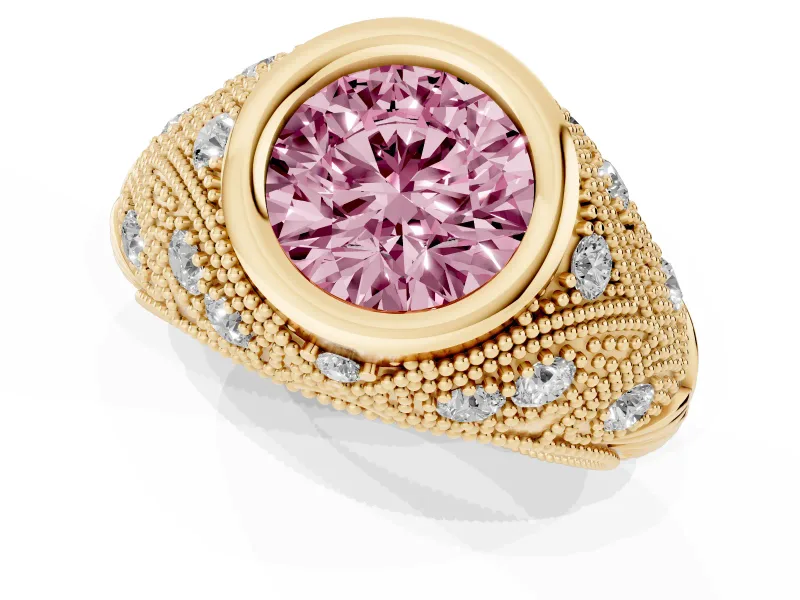 Fancy Pink Round Cut Diamond Bezel Ring Set in Yellow gold with Milgrain Accent Band