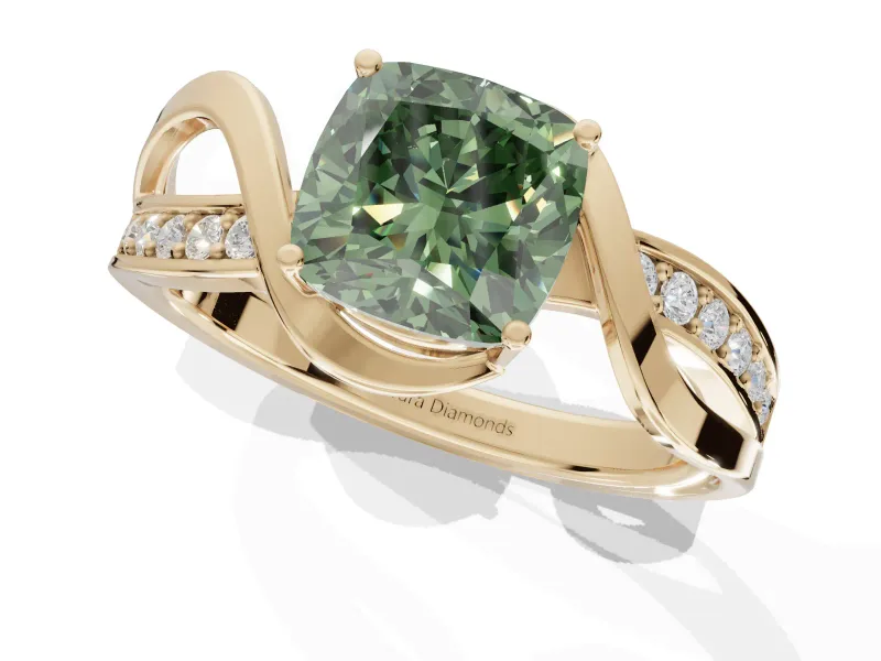 Cushion Cut Bypass Solitaire Engagement Ring Setting for a Fancy Green Lab-Grown Diamond | Pavé Strands | Yellow Gold