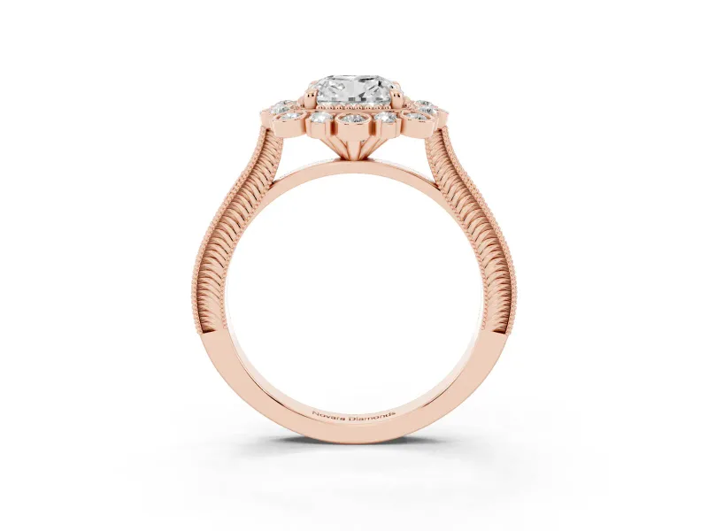 Cushion Cut Vintage Scalloped Halo Engagement Ring Setting | Milgrain Pavé Band | Rose Gold