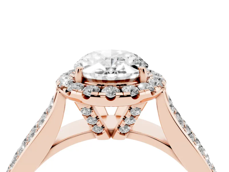 Oval Cut Diamond Halo Ring Set in Rose gold with Pavé Band and Raised Center Setting