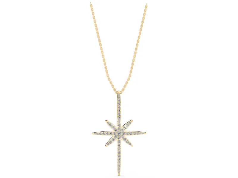 Round Lab-Grown Diamond Pavé Starburst Pendant Necklace | Eight-Point Star | Yellow Gold