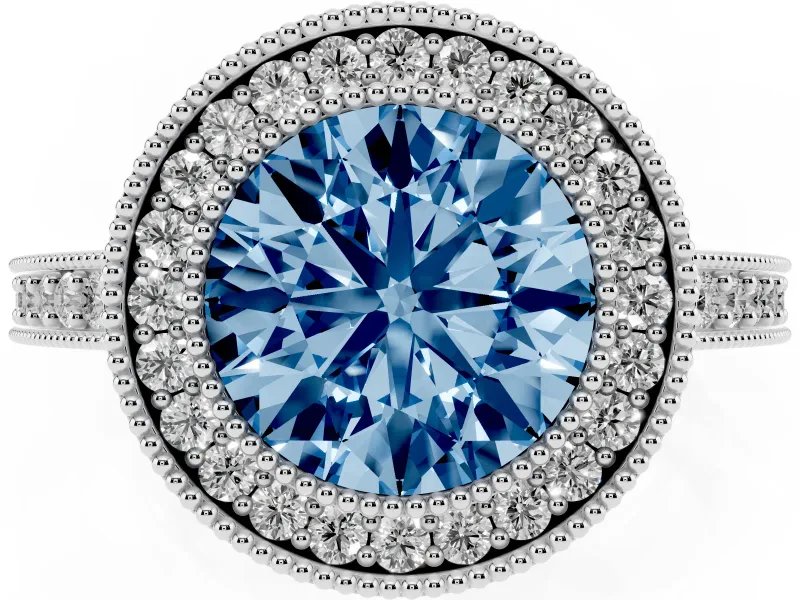 Fancy Blue Round Cut Diamond Halo Engagement Ring Set in Silver with Pavé Band and Round Halo Stones