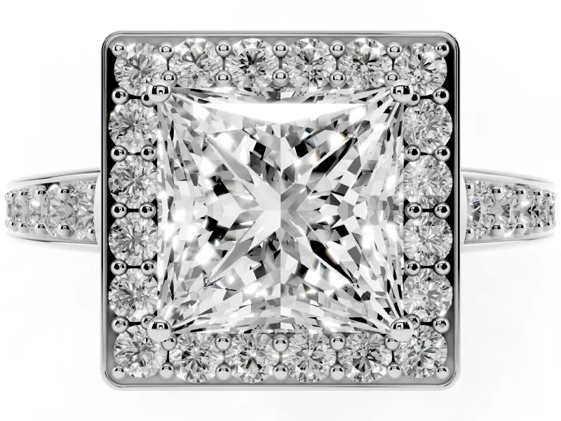 Princess Cut Diamond Halo Pavé Engagement Ring Set in White gold with Bezel Setting