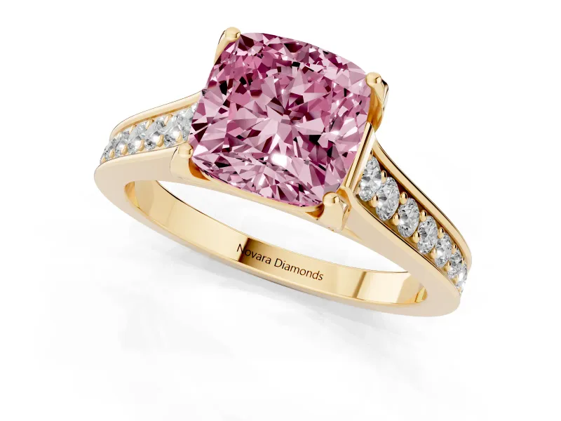 Cushion Cut Graduated Pavé Engagement Ring Setting for a Fancy Pink Lab-Grown Diamond | Yellow Gold