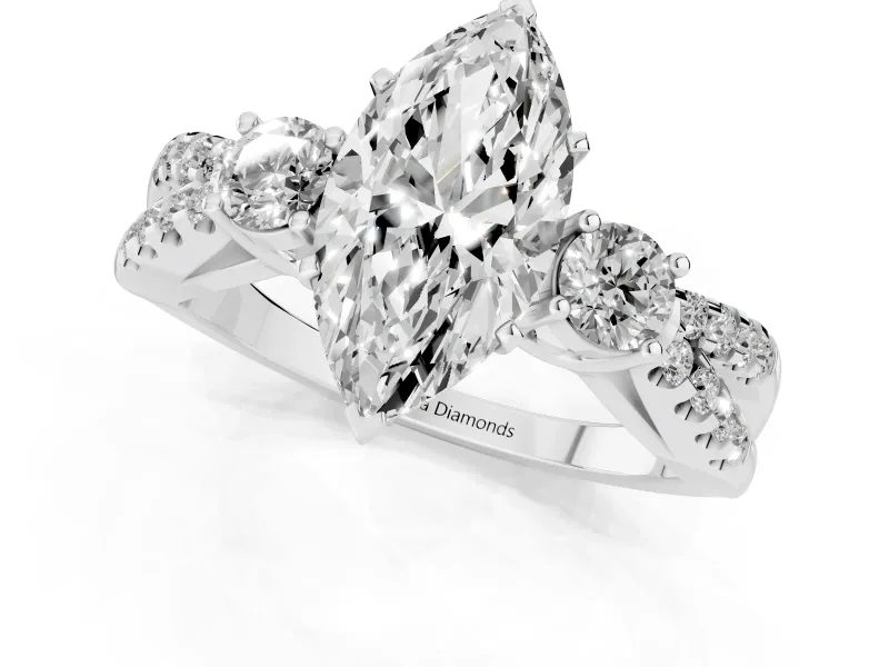 Marquise Cut Diamond Three-Stone Ring Set in Silver with Pavé Split Shank and Prong Setting