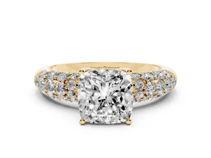 Cushion Cut Diamond Pavé Band Solitaire Ring Set in Yellow gold with Close-Set Accent Stones and Prong Setting